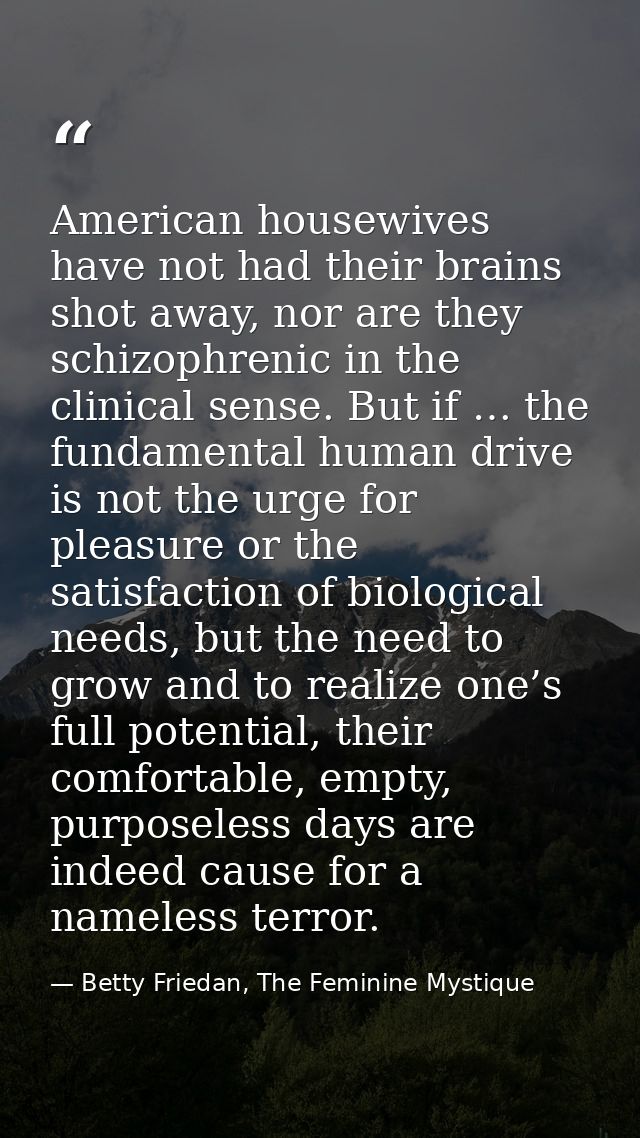 American housewives have not had their brains shot away, nor are they schizophrenic in the clinical sense. But if … the  — Betty Friedan, The Feminine Mystique