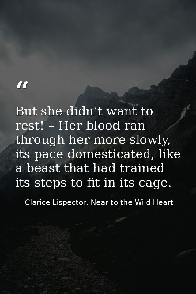 But she didn’t want to rest! – Her blood ran through her more slowly, its pace domesticated, like a beast that had train — Clarice Lispector, Near to the Wild Heart