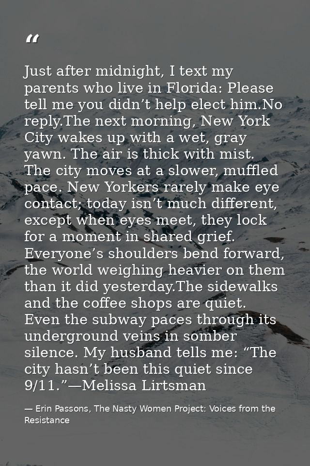 Just after midnight, I text my parents who live in Florida: Please tell me you didn’t help elect him.No reply.The next m — Erin Passons, The Nasty Women Project: Voices from the Resistance