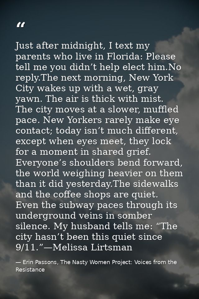 Just after midnight, I text my parents who live in Florida: Please tell me you didn’t help elect him.No reply.The next m — Erin Passons, The Nasty Women Project: Voices from the Resistance