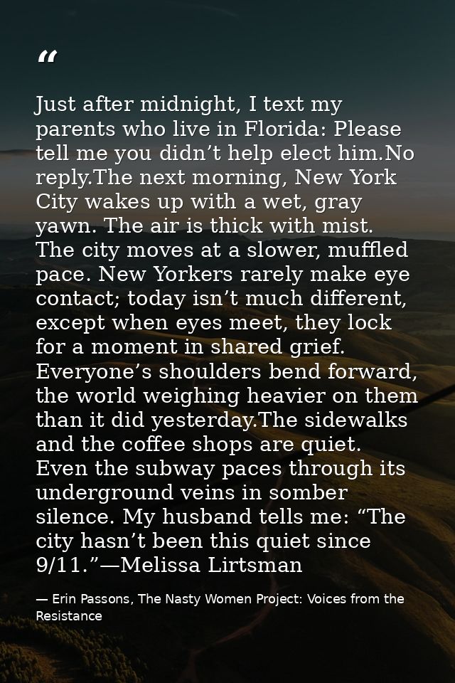 Just after midnight, I text my parents who live in Florida: Please tell me you didn’t help elect him.No reply.The next m — Erin Passons, The Nasty Women Project: Voices from the Resistance
