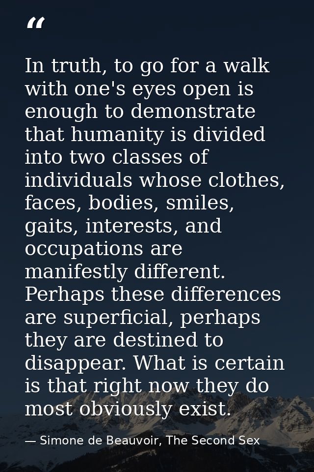 In truth, to go for a walk with one's eyes open is enough to demonstrate that humanity is divided into two classes of in — Simone de Beauvoir, The Second Sex