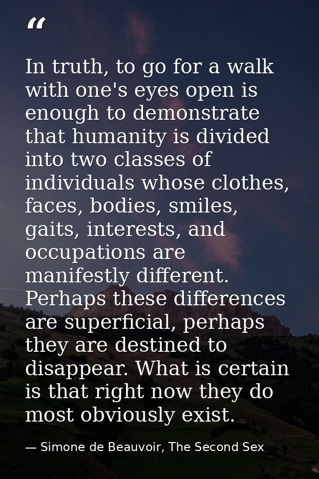 In truth, to go for a walk with one's eyes open is enough to demonstrate that humanity is divided into two classes of in — Simone de Beauvoir, The Second Sex