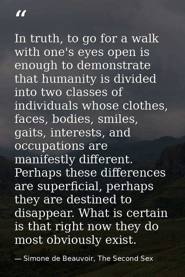 In truth, to go for a walk with one's eyes open is enough to demonstrate that humanity is divided into two classes of in — Simone de Beauvoir, The Second Sex
