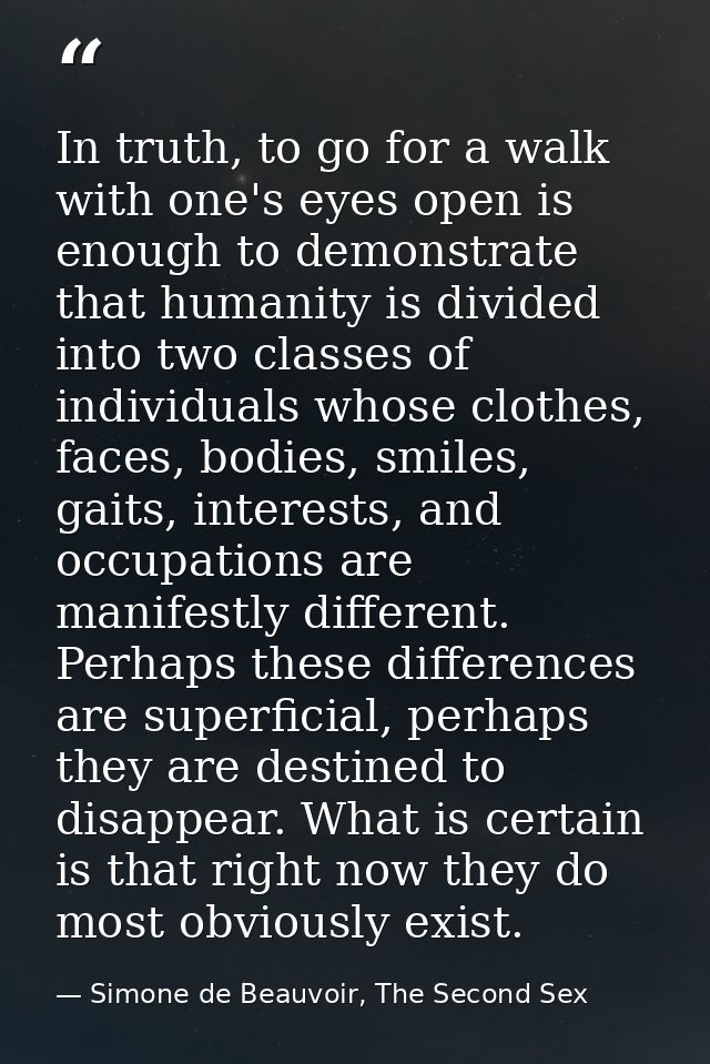 In truth, to go for a walk with one's eyes open is enough to demonstrate that humanity is divided into two classes of in — Simone de Beauvoir, The Second Sex