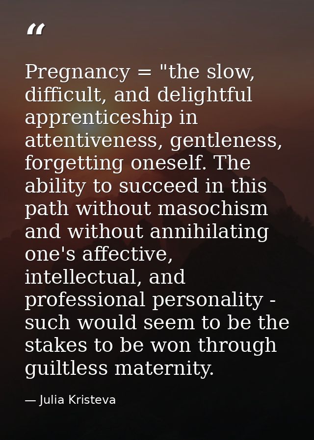 Pregnancy = "the slow, difficult, and delightful apprenticeship in attentiveness, gentleness, forgetting oneself. The ab — Julia Kristeva