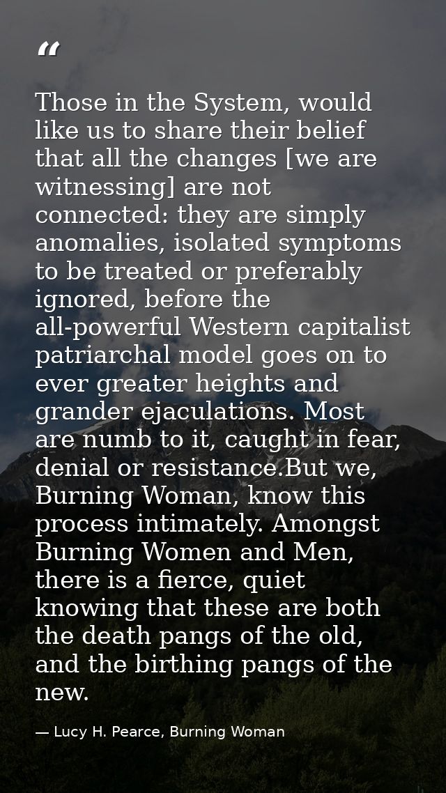 Those in the System, would like us to share their belief that all the changes [we are witnessing] are not connected: the — Lucy H. Pearce, Burning Woman
