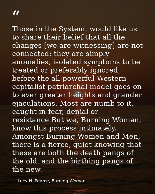 Those in the System, would like us to share their belief that all the changes [we are witnessing] are not connected: the — Lucy H. Pearce, Burning Woman