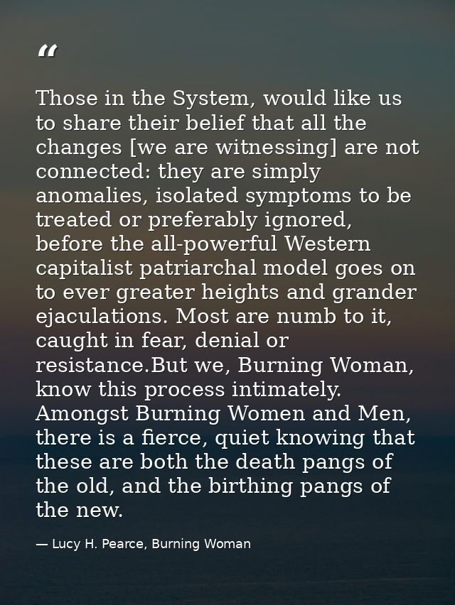 Those in the System, would like us to share their belief that all the changes [we are witnessing] are not connected: the — Lucy H. Pearce, Burning Woman