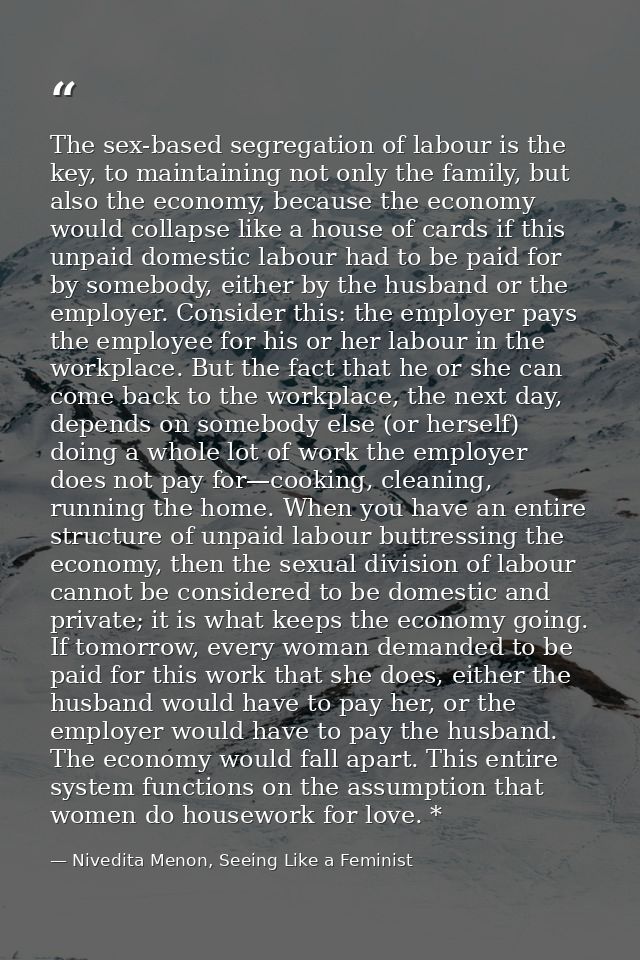 The sex-based segregation of labour is the key, to maintaining not only the family, but also the economy, because the ec — Nivedita Menon, Seeing Like a Feminist