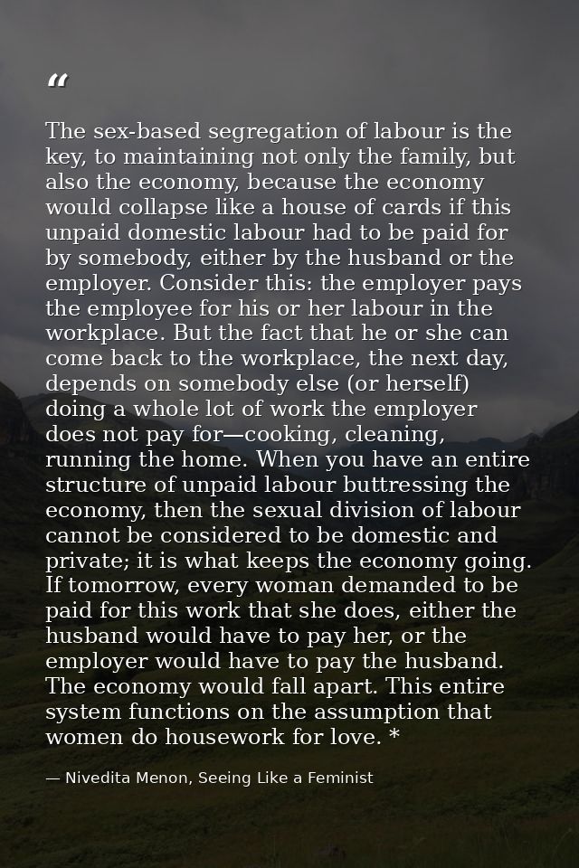 The sex-based segregation of labour is the key, to maintaining not only the family, but also the economy, because the ec — Nivedita Menon, Seeing Like a Feminist