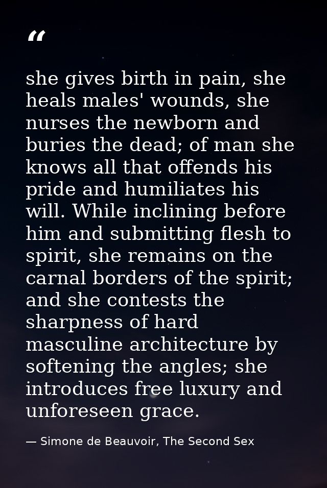 she gives birth in pain, she heals males' wounds, she nurses the newborn and buries the dead; of man she knows all that  — Simone de Beauvoir, The Second Sex