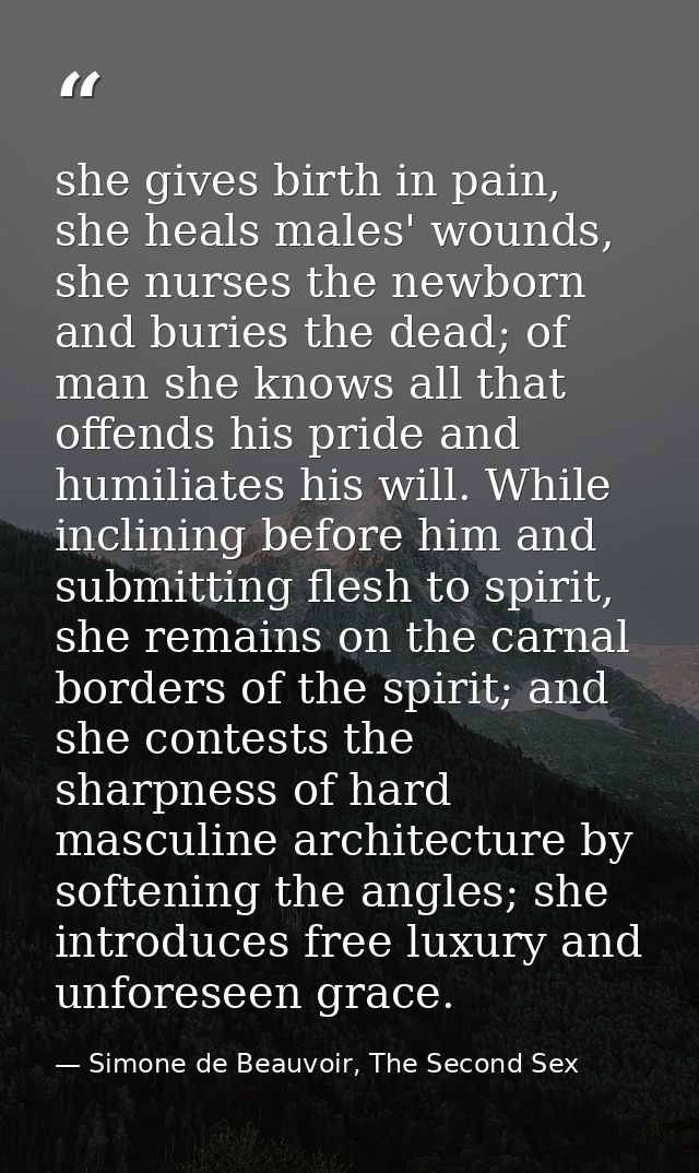 she gives birth in pain, she heals males' wounds, she nurses the newborn and buries the dead; of man she knows all that  — Simone de Beauvoir, The Second Sex