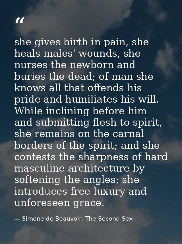 she gives birth in pain, she heals males' wounds, she nurses the newborn and buries the dead; of man she knows all that  — Simone de Beauvoir, The Second Sex