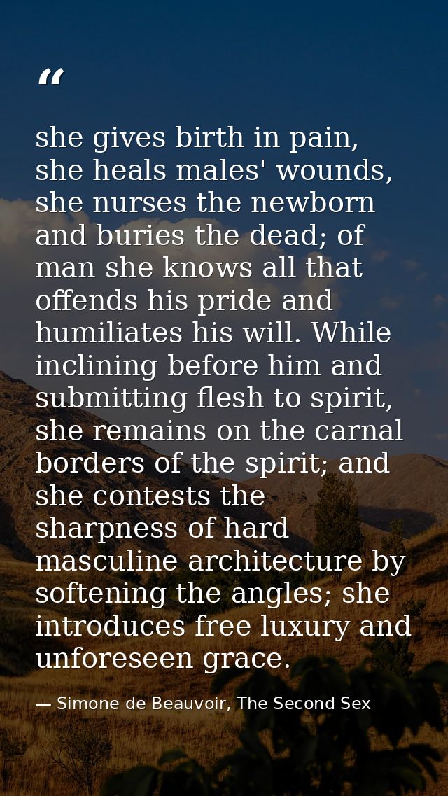 she gives birth in pain, she heals males' wounds, she nurses the newborn and buries the dead; of man she knows all that  — Simone de Beauvoir, The Second Sex