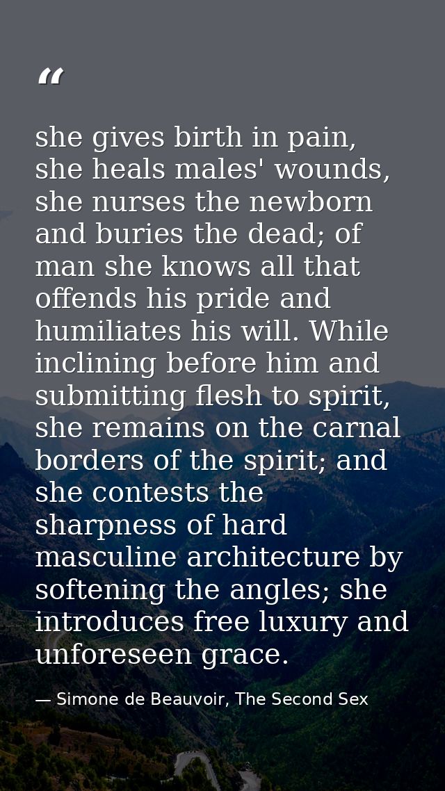 she gives birth in pain, she heals males' wounds, she nurses the newborn and buries the dead; of man she knows all that  — Simone de Beauvoir, The Second Sex