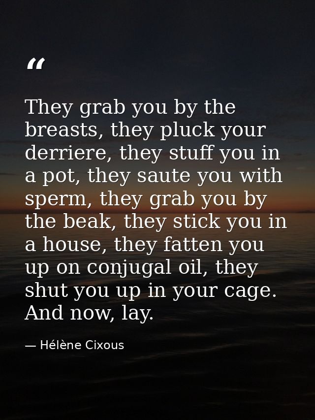They grab you by the breasts, they pluck your derriere, they stuff you in a pot, they saute you with sperm, they grab yo — Hélène Cixous
