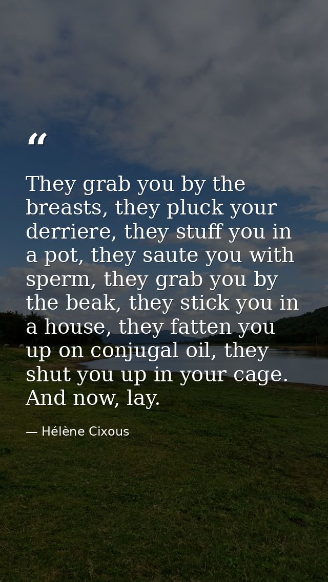 They grab you by the breasts, they pluck your derriere, they stuff you in a pot, they saute you with sperm, they grab yo — Hélène Cixous