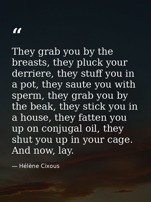 They grab you by the breasts, they pluck your derriere, they stuff you in a pot, they saute you with sperm, they grab yo — Hélène Cixous