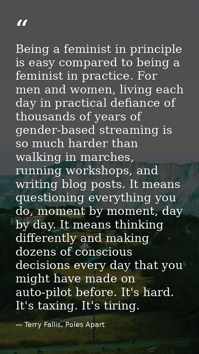 Being a feminist in principle is easy compared to being a feminist in practice. For men and women, living each day in pr — Terry Fallis, Poles Apart