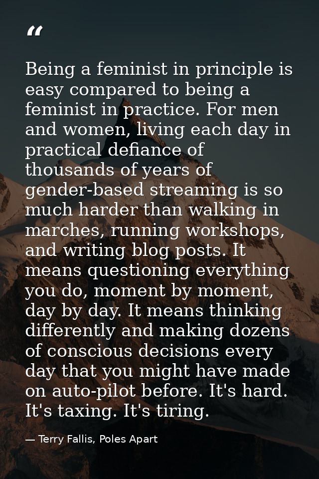 Being a feminist in principle is easy compared to being a feminist in practice. For men and women, living each day in pr — Terry Fallis, Poles Apart