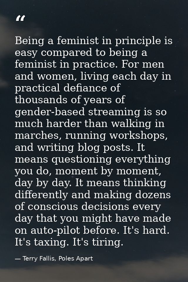 Being a feminist in principle is easy compared to being a feminist in practice. For men and women, living each day in pr — Terry Fallis, Poles Apart