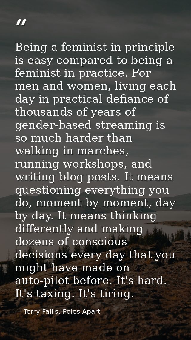 Being a feminist in principle is easy compared to being a feminist in practice. For men and women, living each day in pr — Terry Fallis, Poles Apart