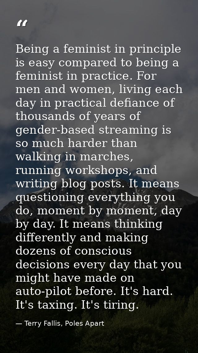 Being a feminist in principle is easy compared to being a feminist in practice. For men and women, living each day in pr — Terry Fallis, Poles Apart