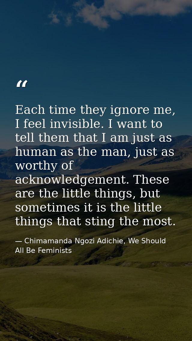 Each time they ignore me, I feel invisible. I want to tell them that I am just as human as the man, just as worthy of ac — Chimamanda Ngozi Adichie, We Should All Be Feminists