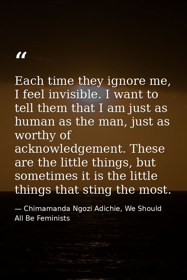 Each time they ignore me, I feel invisible. I want to tell them that I am just as human as the man, just as worthy of ac — Chimamanda Ngozi Adichie, We Should All Be Feminists