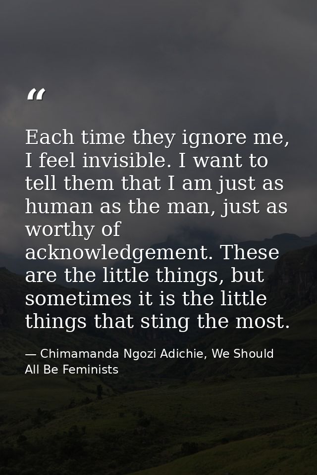 Each time they ignore me, I feel invisible. I want to tell them that I am just as human as the man, just as worthy of ac — Chimamanda Ngozi Adichie, We Should All Be Feminists