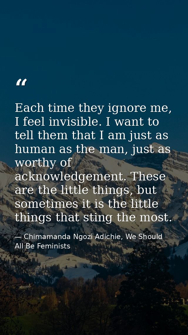 Each time they ignore me, I feel invisible. I want to tell them that I am just as human as the man, just as worthy of ac — Chimamanda Ngozi Adichie, We Should All Be Feminists