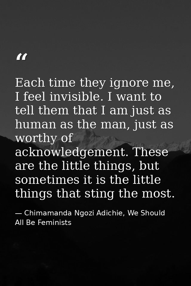 Each time they ignore me, I feel invisible. I want to tell them that I am just as human as the man, just as worthy of ac — Chimamanda Ngozi Adichie, We Should All Be Feminists