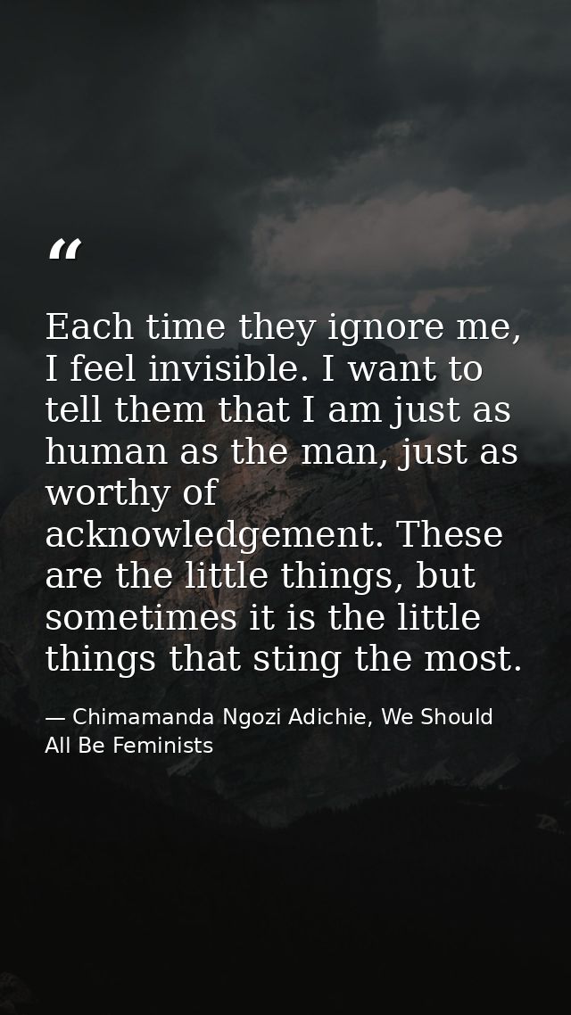 Each time they ignore me, I feel invisible. I want to tell them that I am just as human as the man, just as worthy of ac — Chimamanda Ngozi Adichie, We Should All Be Feminists