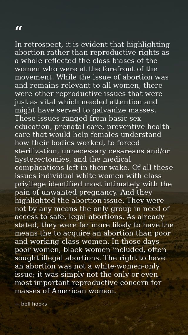 In retrospect, it is evident that highlighting abortion rather than reproductive rights as a whole reflected the class b — bell hooks