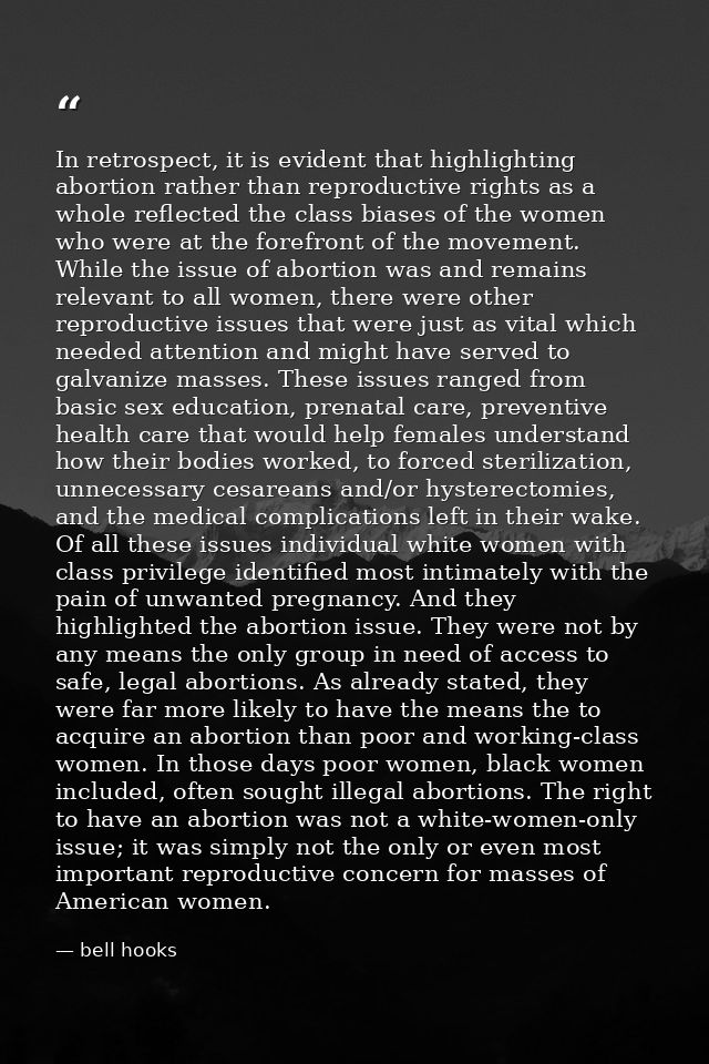 In retrospect, it is evident that highlighting abortion rather than reproductive rights as a whole reflected the class b — bell hooks