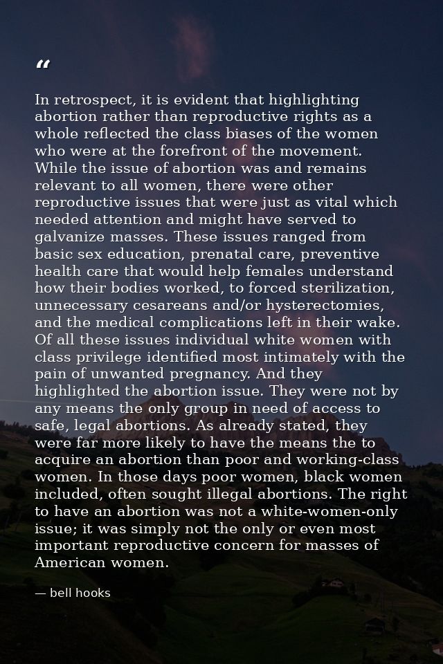 In retrospect, it is evident that highlighting abortion rather than reproductive rights as a whole reflected the class b — bell hooks