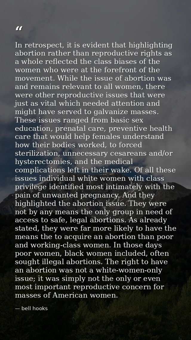 In retrospect, it is evident that highlighting abortion rather than reproductive rights as a whole reflected the class b — bell hooks
