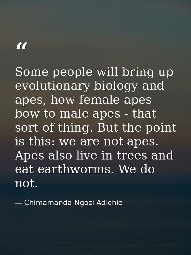 Some people will bring up evolutionary biology and apes, how female apes bow to male apes - that sort of thing. But the  — Chimamanda Ngozi Adichie