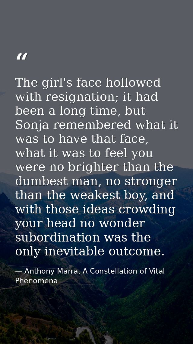 The girl's face hollowed with resignation; it had been a long time, but Sonja remembered what it was to have that face,  — Anthony Marra, A Constellation of Vital Phenomena