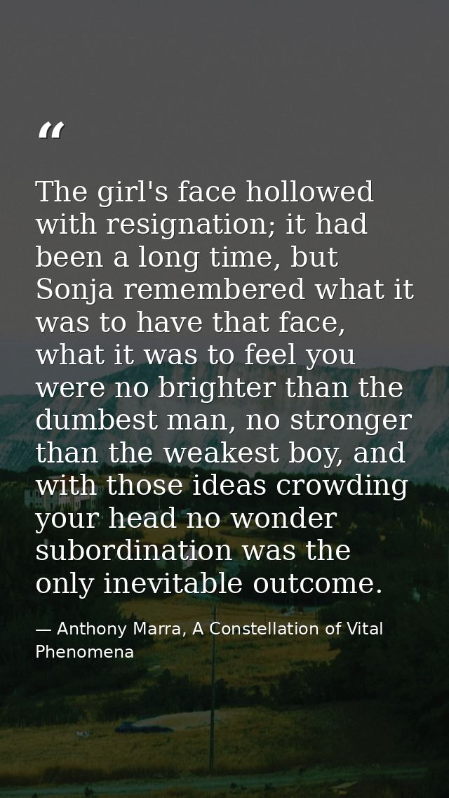 The girl's face hollowed with resignation; it had been a long time, but Sonja remembered what it was to have that face,  — Anthony Marra, A Constellation of Vital Phenomena