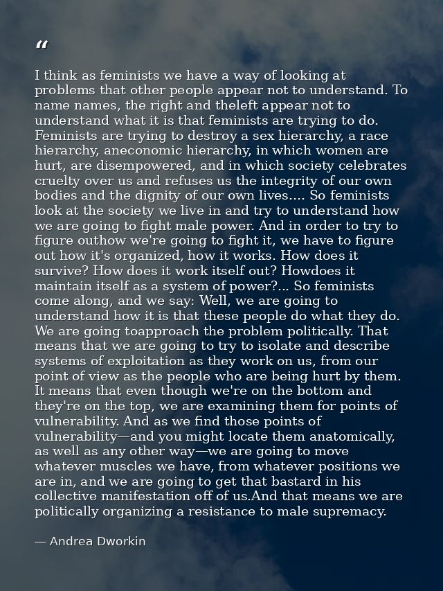 I think as feminists we have a way of looking at problems that other people appear not to understand. To name names, the — Andrea Dworkin