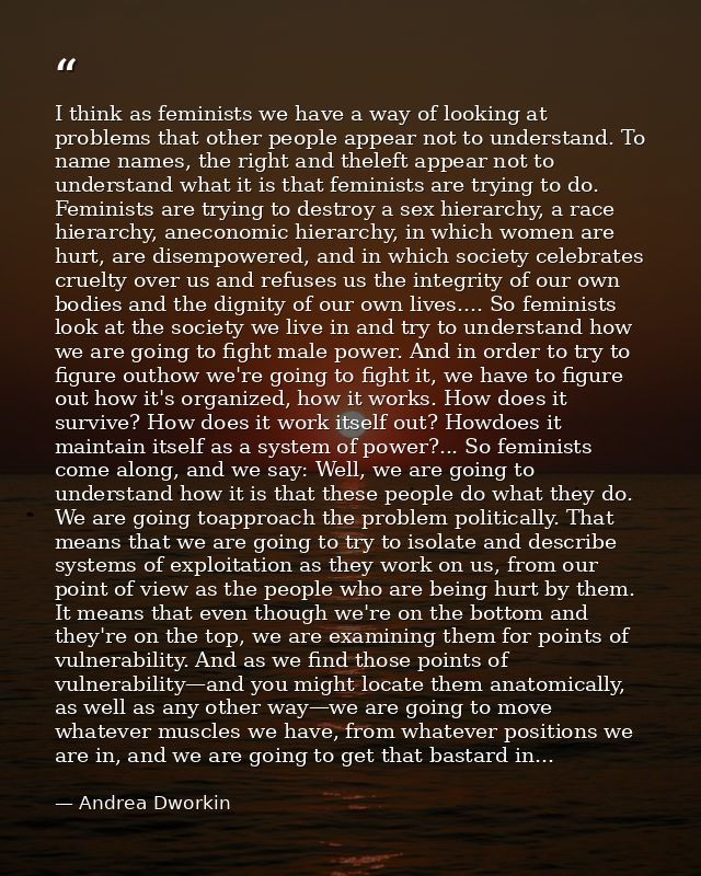 I think as feminists we have a way of looking at problems that other people appear not to understand. To name names, the — Andrea Dworkin