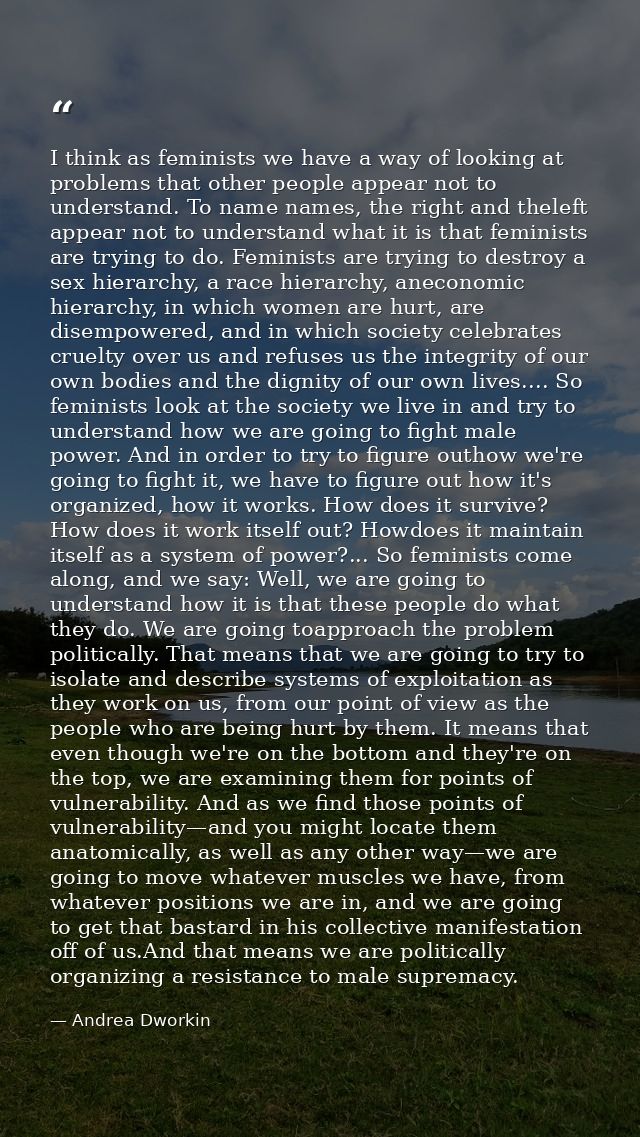 I think as feminists we have a way of looking at problems that other people appear not to understand. To name names, the — Andrea Dworkin