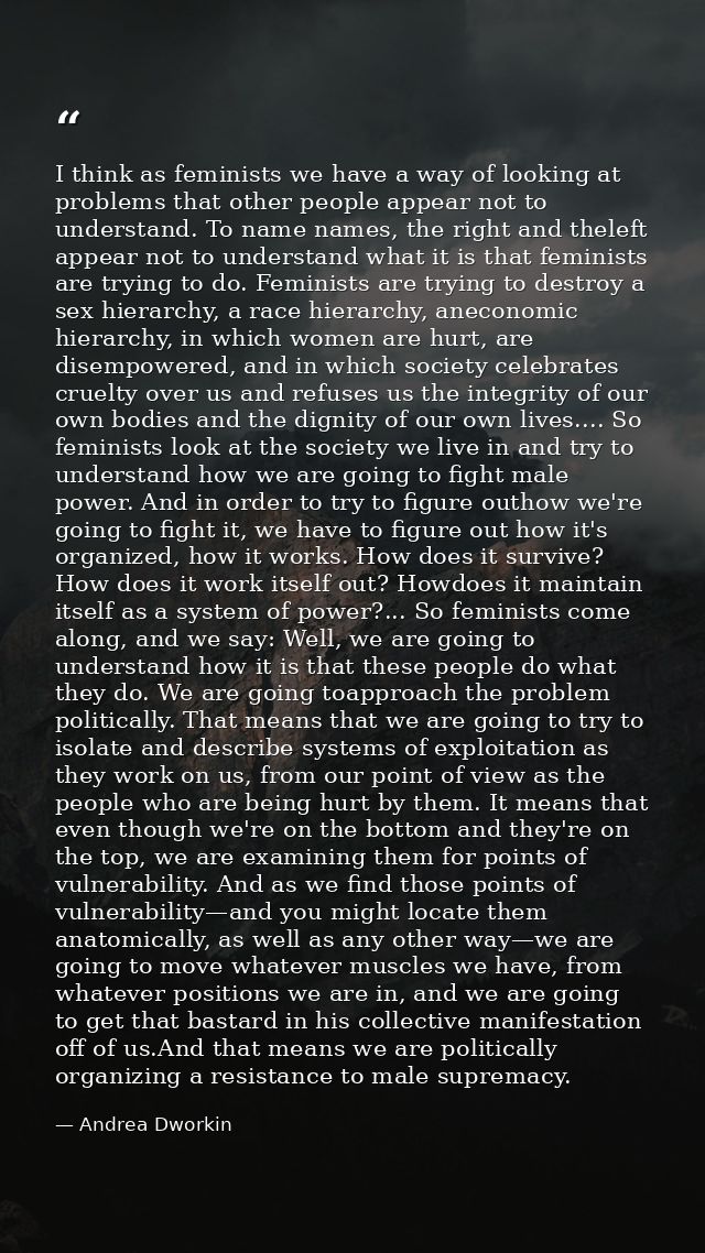 I think as feminists we have a way of looking at problems that other people appear not to understand. To name names, the — Andrea Dworkin