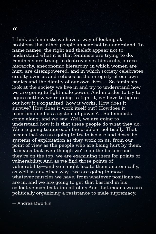 I think as feminists we have a way of looking at problems that other people appear not to understand. To name names, the — Andrea Dworkin