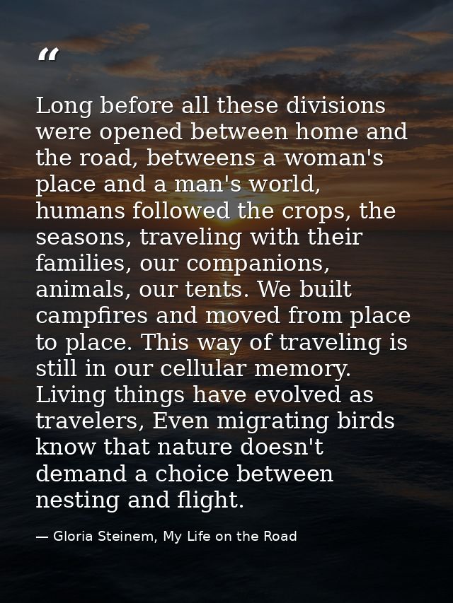 Long before all these divisions were opened between home and the road, betweens a woman's place and a man's world, human — Gloria Steinem, My Life on the Road