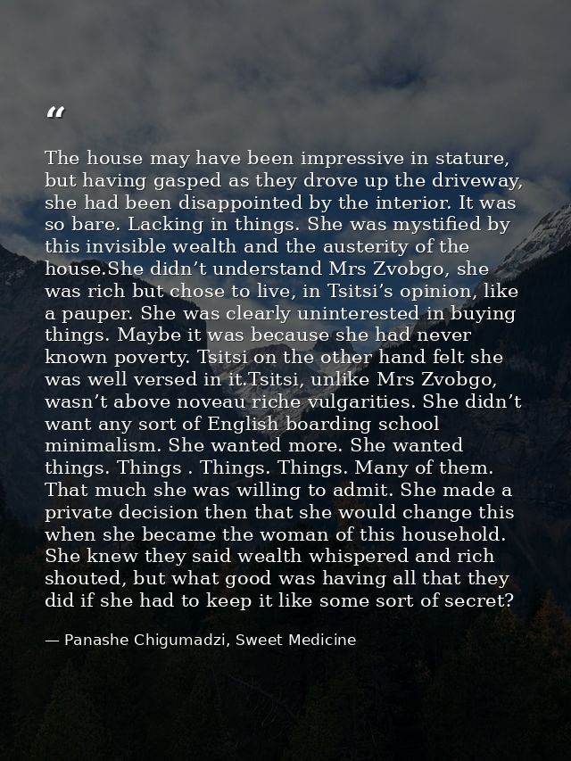 The house may have been impressive in stature, but having gasped as they drove up the driveway, she had been disappointe — Panashe Chigumadzi, Sweet Medicine