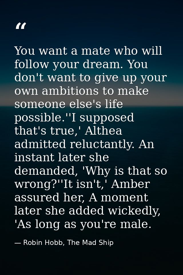 You want a mate who will follow your dream. You don't want to give up your own ambitions to make someone else's life pos — Robin Hobb, The Mad Ship