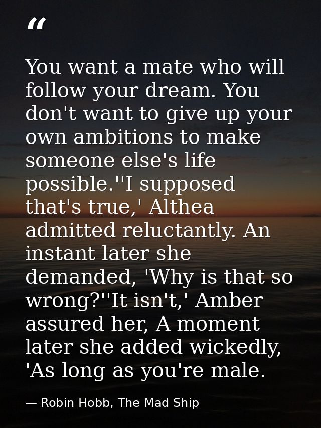 You want a mate who will follow your dream. You don't want to give up your own ambitions to make someone else's life pos — Robin Hobb, The Mad Ship